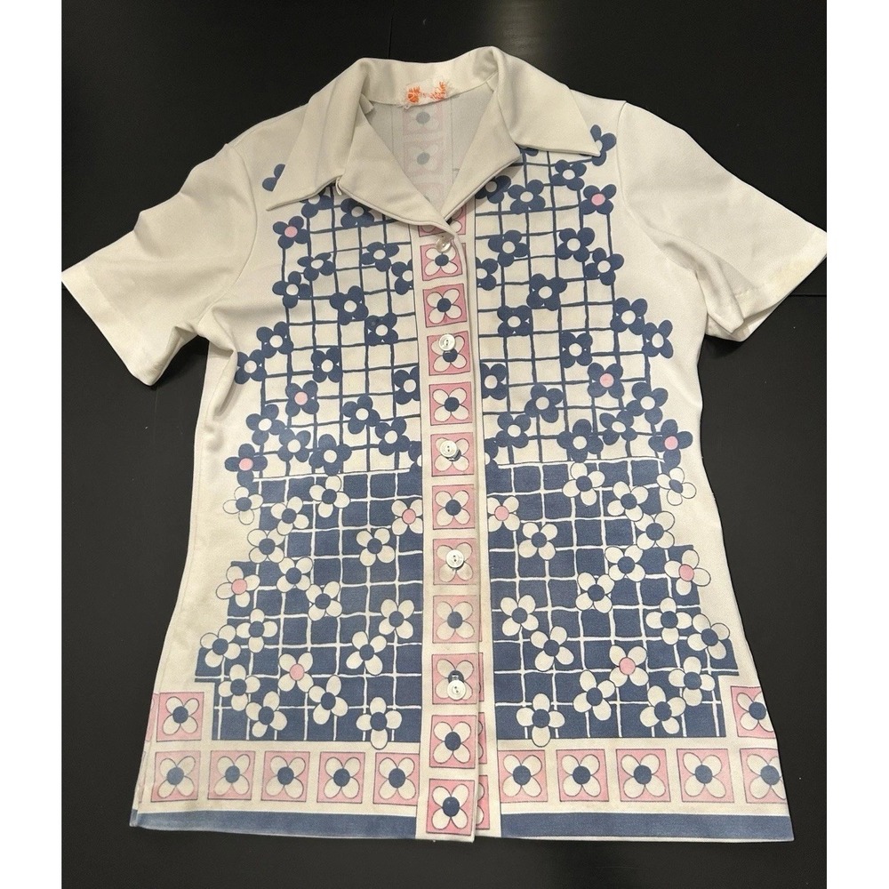 Vtg 70's Top For M Smartique Button Collar Up Polyester Blue Pink Not Perfect